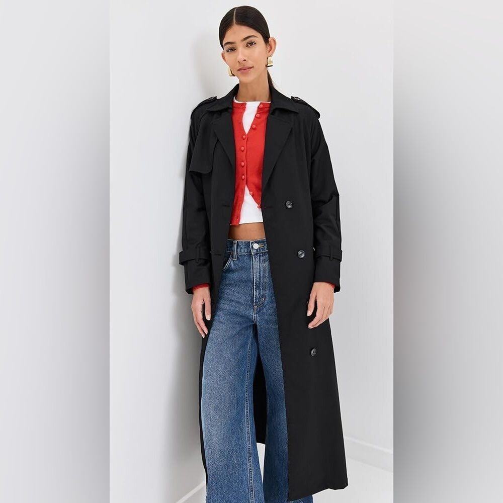 Lioness Black Long Trench Coat XS Double Breasted Belted Epaulette